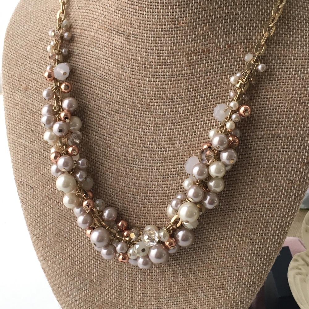 Gold Pearl Cream Cluster Beads Statement Necklace